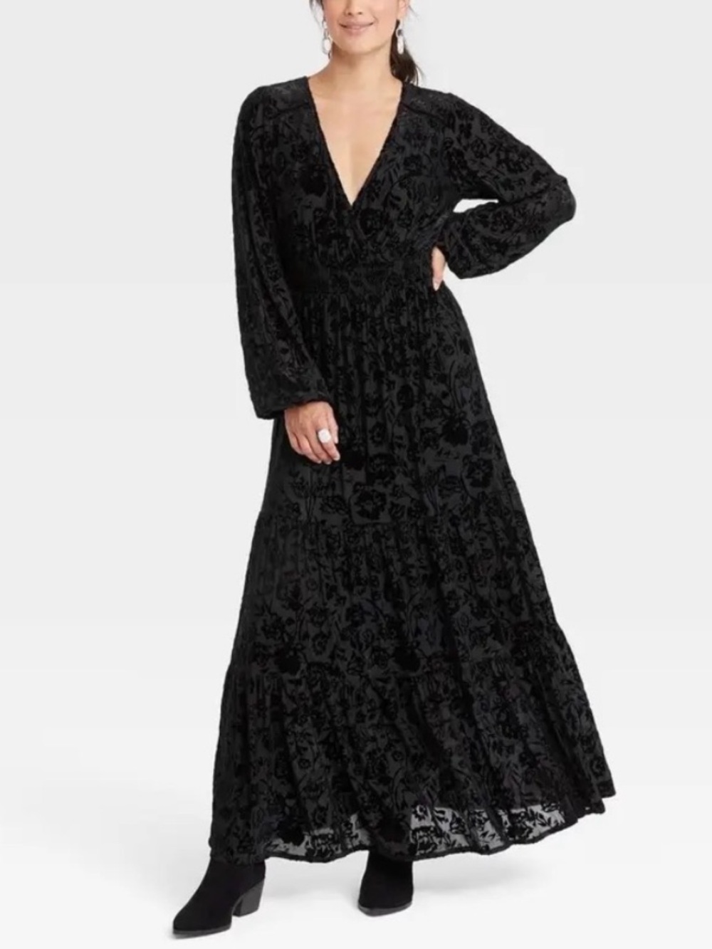 Knox Rose Black Floral Mesh Velvet Maxi Dress Size M